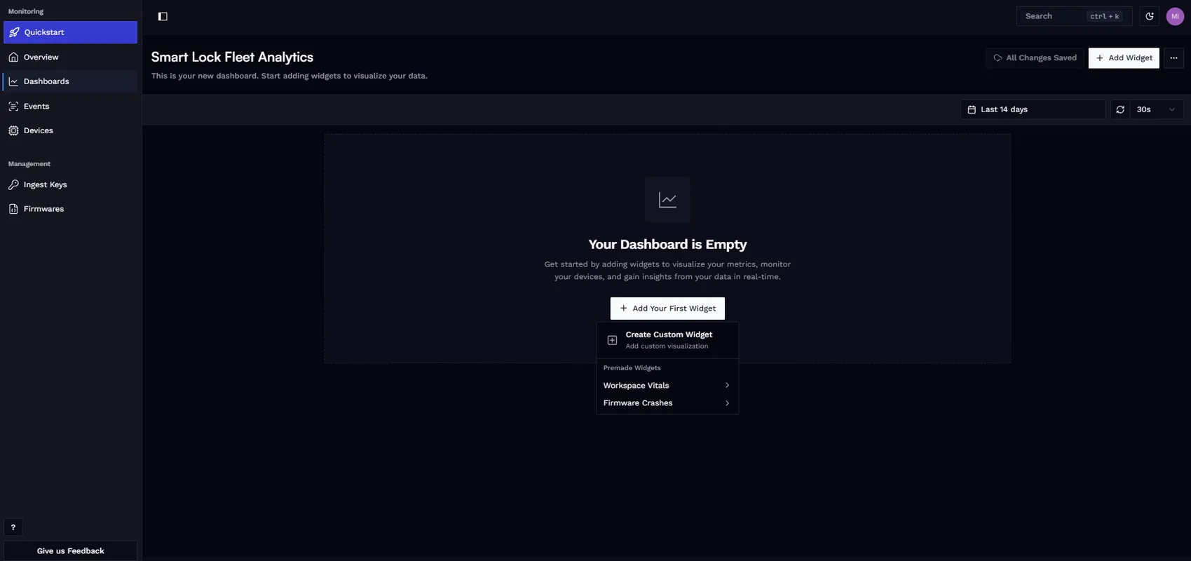Spotflow Create Dashboard dialog with name field filled in as "Smart Lock Fleet Analytics".