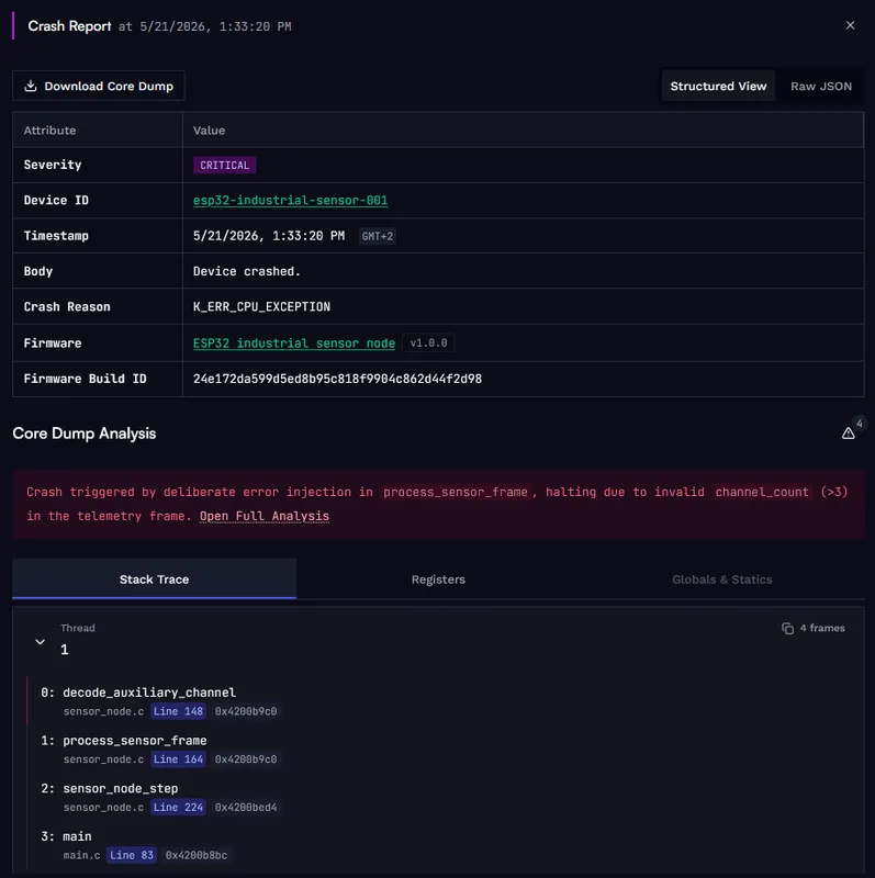 Spotflow crash report for the ESP32 industrial sensor node, showing the stack trace through decode_auxiliary_channel, process_sensor_frame, sensor_node_step, and main.