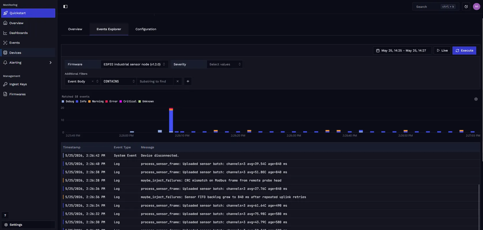 ESP32 log stream showing CRC mismatch warnings and backlog growth after repeated uplink retries.