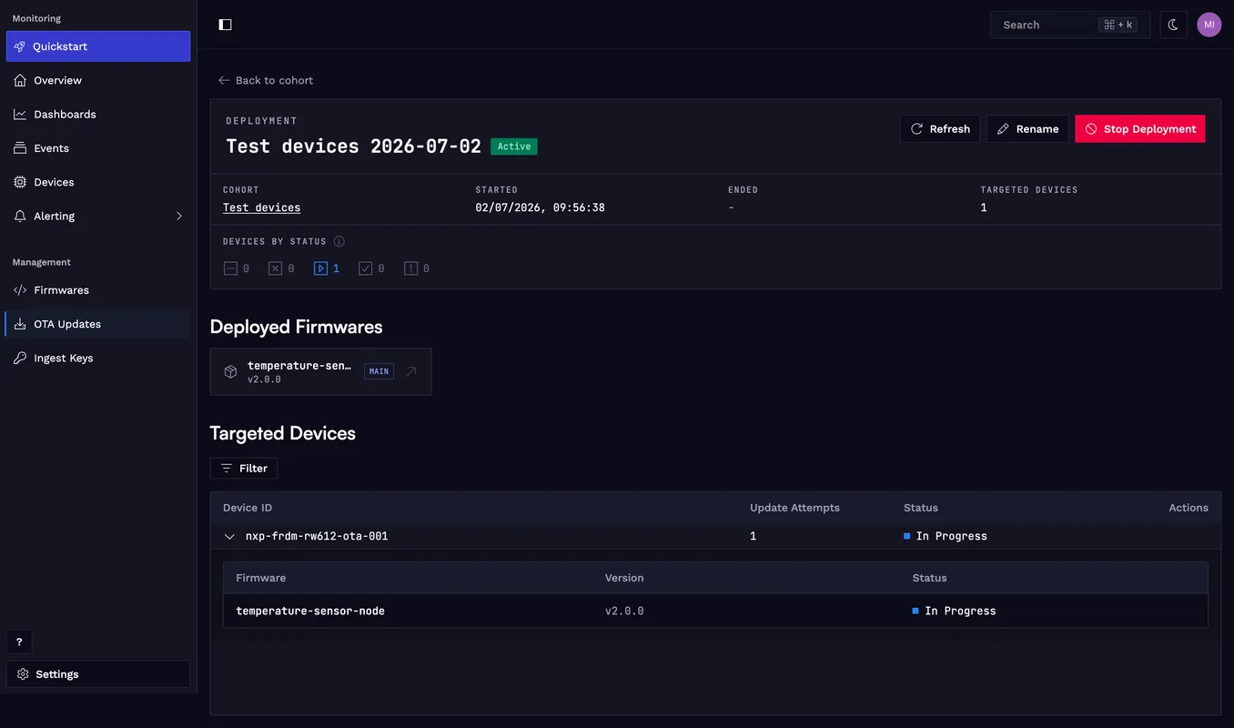 Deployment in progress: the device is downloading the firmware image.