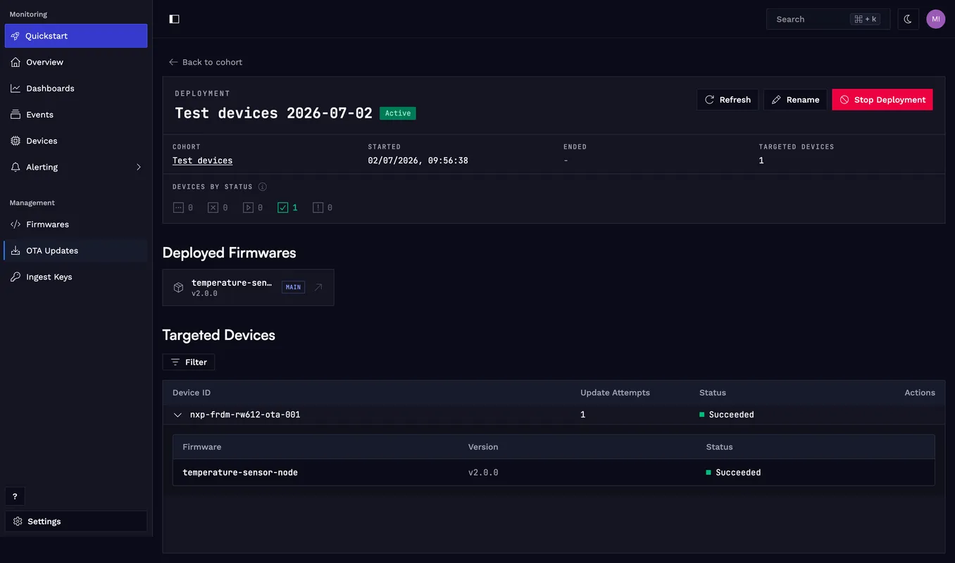 Deployment succeeded: the device confirmed firmware v2.0.0.
