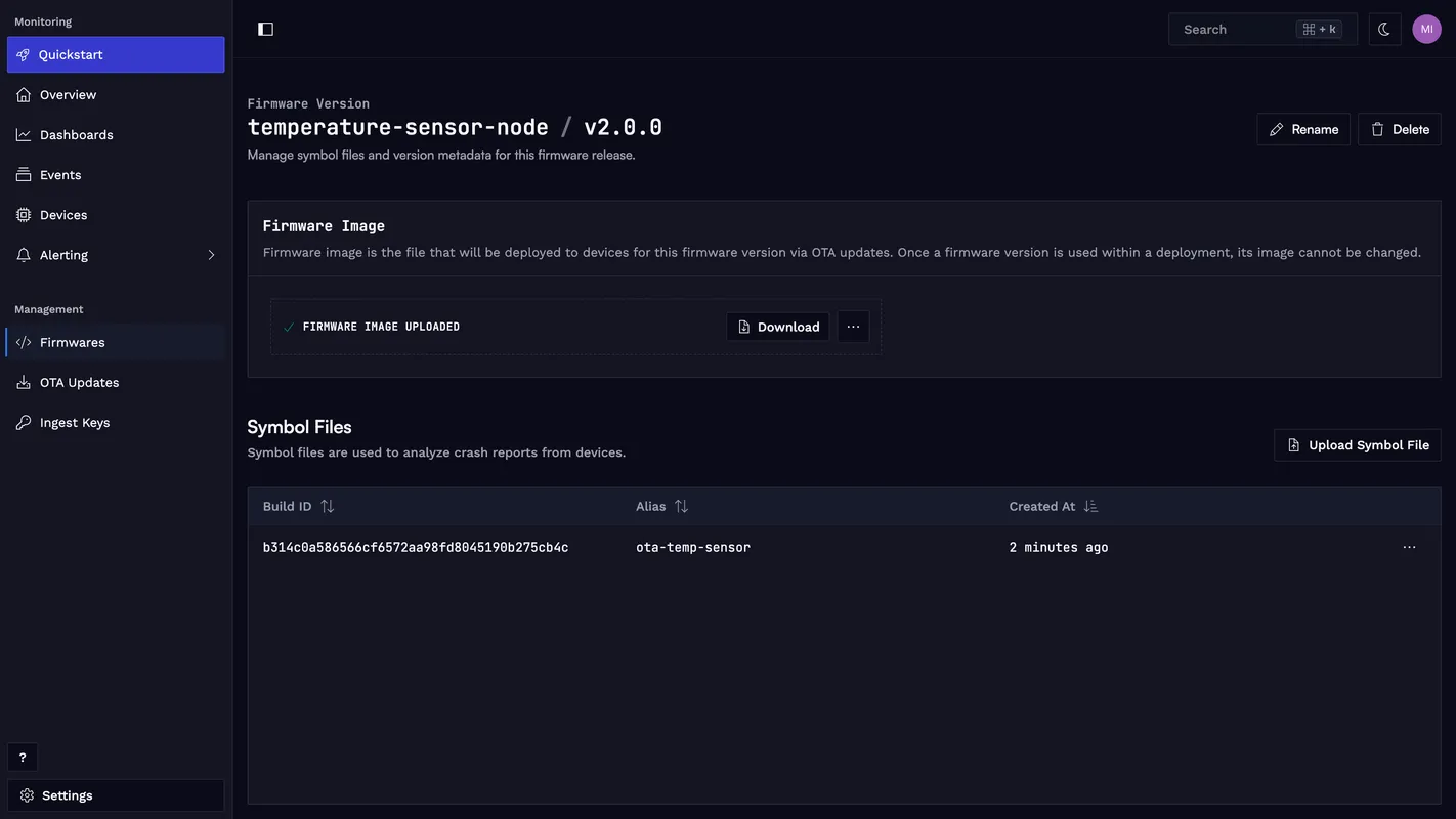 Firmware version 2.0.0 uploaded to Spotflow with the signed binary image attached.