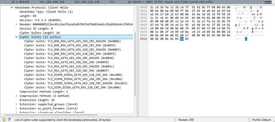 Wireshark view of the Client Hello, listing the cipher suites offered by the IoT board. The board’s supported list was very limited. Here we see it includes some legacy RSA-based ciphers and the crucial ECC cipher suite ECDHE-ECDSA-AES128-SHA256 that we enabled on the server to find a common cipher.
