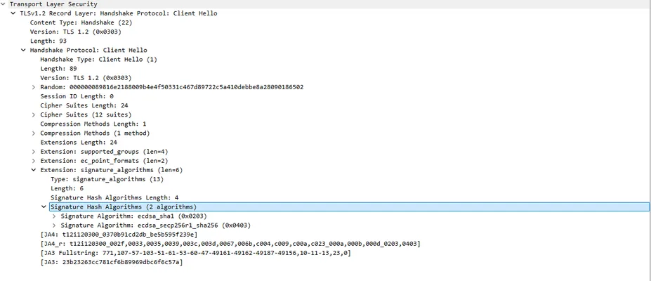 Client Hello indicating the only supported signature algorithms on the device: ecdsa_sha1 and ecdsa_secp256r1_sha256. The board’s TLS stack did not advertise support for any RSA signature algorithms, explaining why an RSA-signed certificate would be rejected.