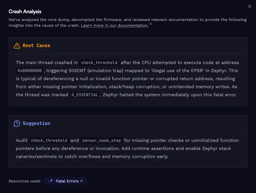 Spotflow AI Crash Analysis showing the root cause explanation for a Zephyr crash.
