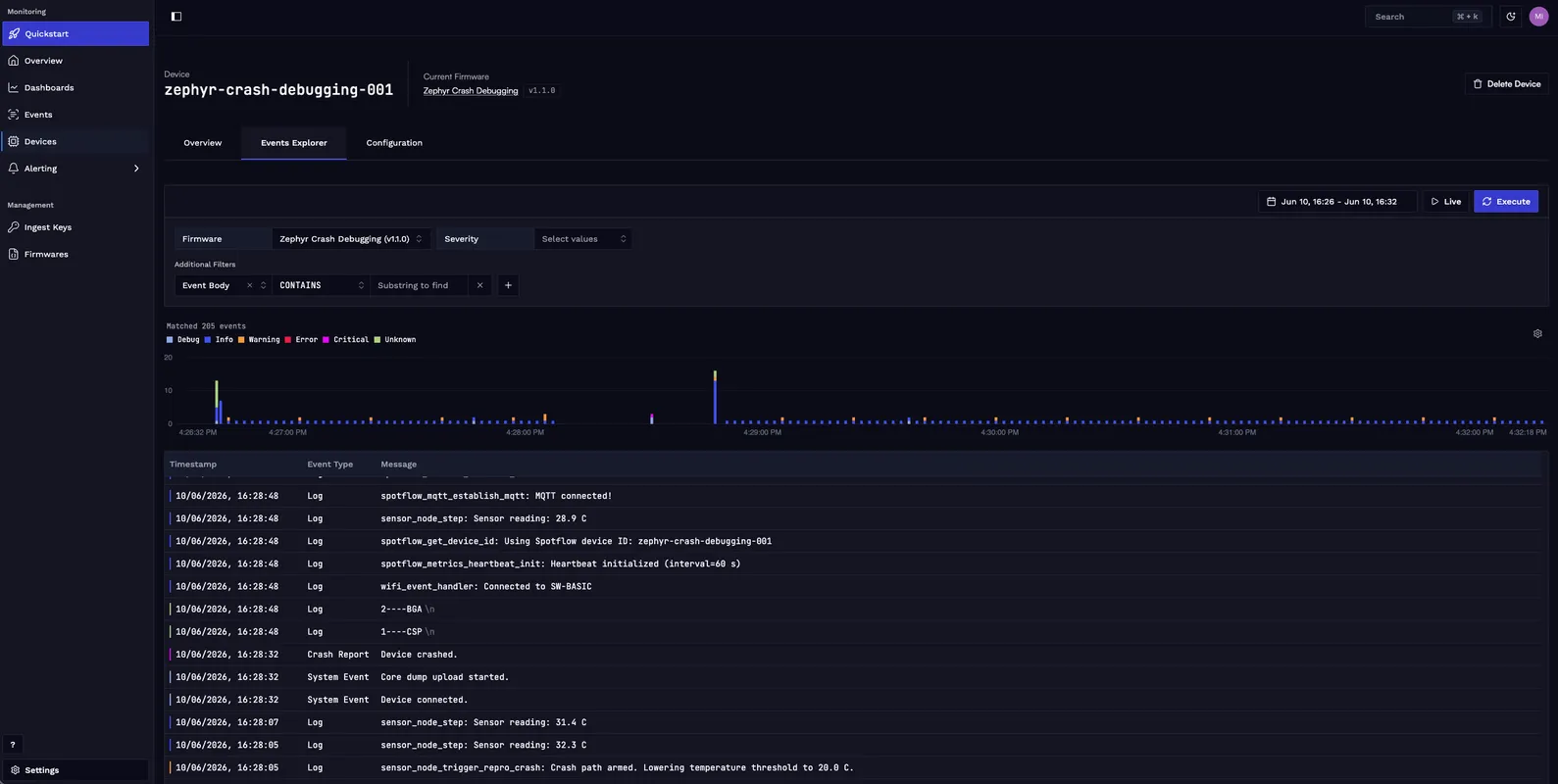 Spotflow device Events Explorer for an NXP FRDM-RW612 running Zephyr, showing all events collected from the device.